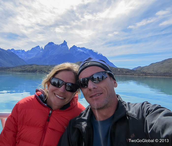 Lago Pehoe on the catamaran with Cuernos del Paine behind