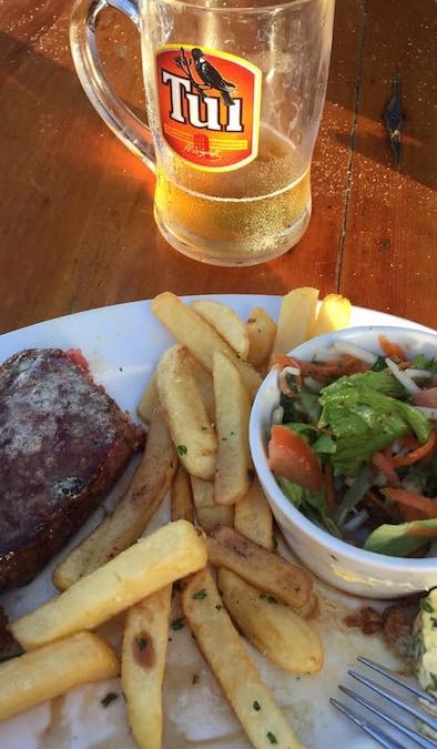 Steak, chips and of course a Tui