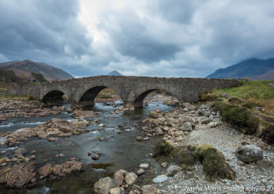 Sligachan bridge on a typical Skye day, the Black Cuillins beyond right