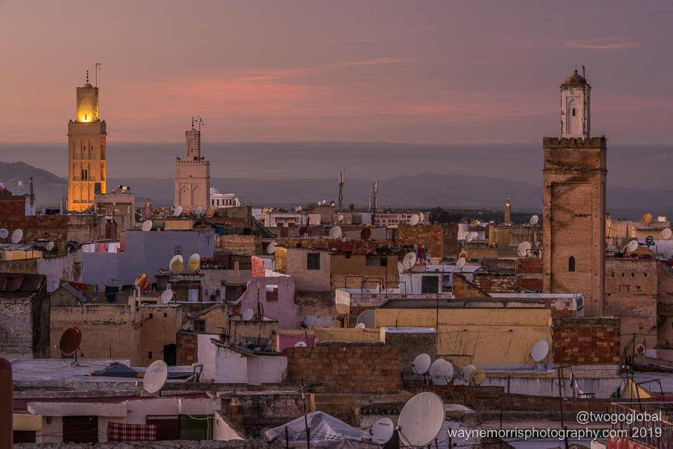 Meknes at sunset, the view of rooftops interrupted my minarets