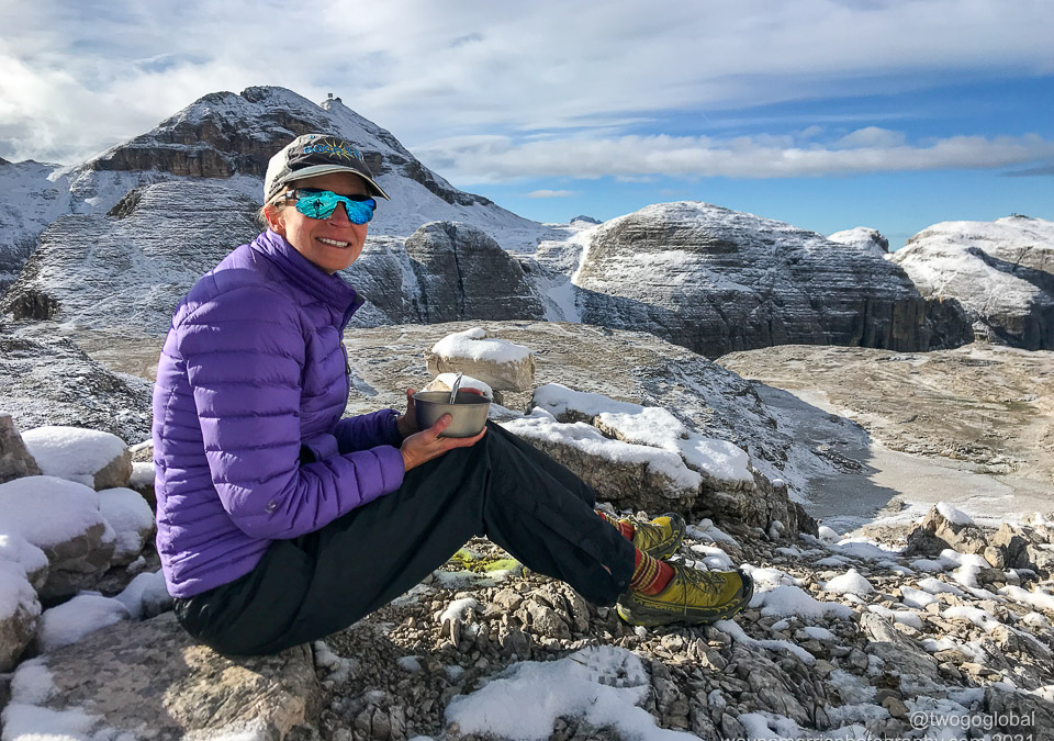 Enjoying our pre-prepared healthy breakfast above Rifugio Pisciadù