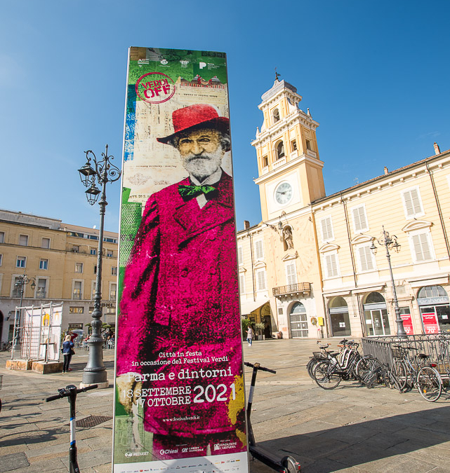Colourful Verdi Festival signage in Piazza Giuseppi Garibaldi