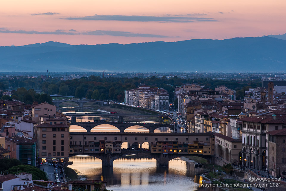 Ponte Vecchio, one of Florence’s main attractions, at sunset