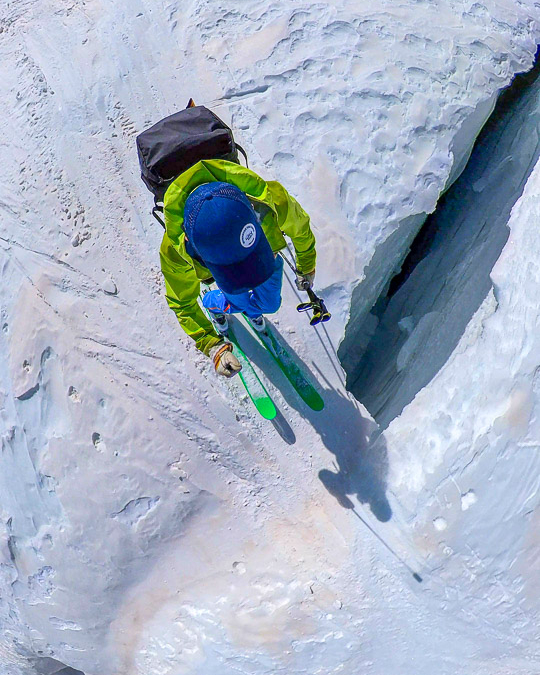 Skiing crevasses on the Stockji Glacier